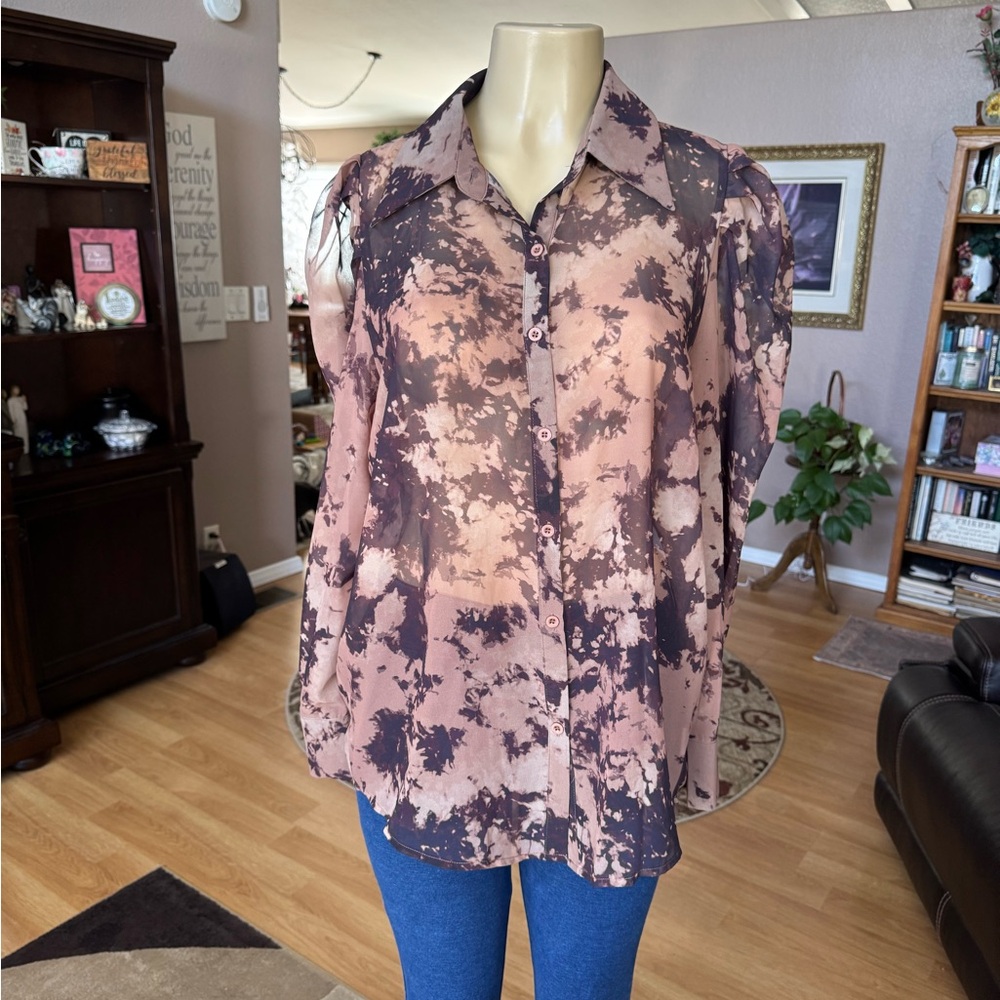 La’ Ros sheer shades of brown long puffed sleeves blouse-size L